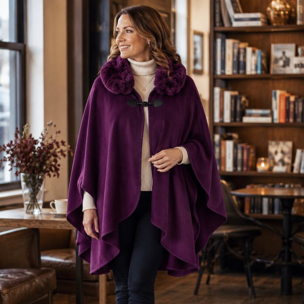 NWT Purple Cape Poncho Faux Fur Collar One Size Cozy Layering Wrap Boutique